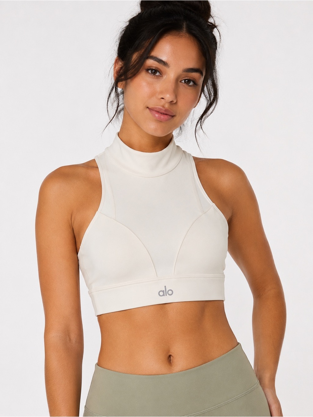 Alo Yoga High Neck Sports Bra Women's Size XS Ivory Crop Top Activewear Gym Top